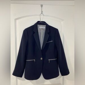Tahari Navy bleu One-Button Blazer 4P Petite | Silver Zip Pocket Detail Jacket